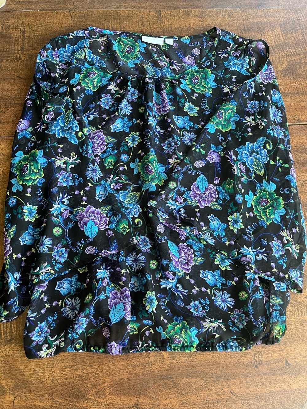 NY&Co Floral Blouse L Black & Multi 3/4 Bell Sleeve Cold Shoulder Sheer Y2K 90s